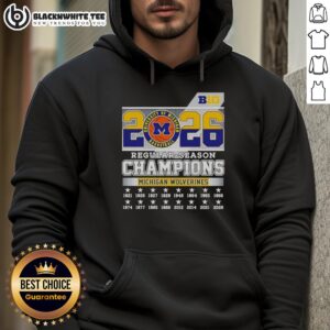 Alt Text: Original Michigan Wolverines NCAA Basketball Big 10 2026 Regular Season Champions hoodie in navy blue with logo.