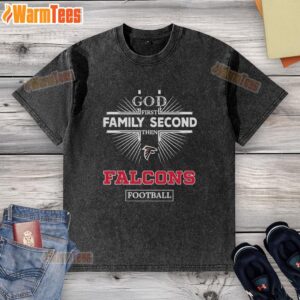Premium Atlanta Falcons 'God First, Family Second, Then Falcons' washed t-shirt showcasing team pride and faith.