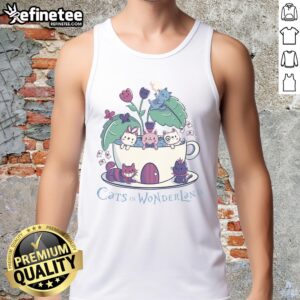 Alt Text: Cute Alice in Wonderland cats tea tank top featuring whimsical cat illustrations and vibrant colors. Perfect for cat lovers!