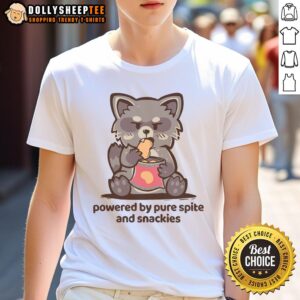Top Powered By Pure Spite And Snackies T-Shirt featuring a bold graphic design, perfect for snack lovers and humor enthusiasts.
