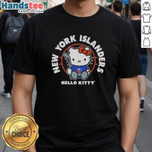 Premium Hello Kitty X New York Islanders NHL logo T-shirt featuring a playful design for fans and collectors.