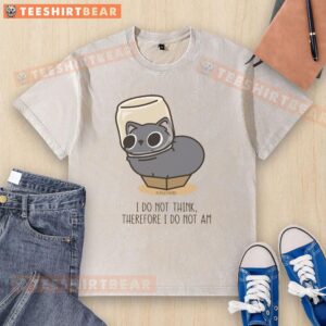 Cute black cat wearing 'I do not think, therefore I do not am' t-shirt, perfect for cat lovers and philosophy enthusiasts.