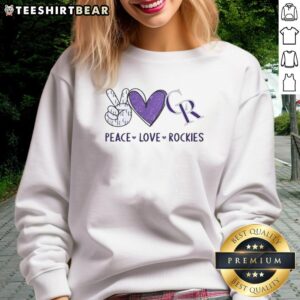 Awesome Colorado Rockies sweatshirt featuring a heart-shaped peace sign and logo, perfect for Rockies fans.