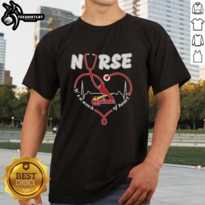 St. Louis Cardinals MLB nurse t-shirt featuring a stethoscope and 'It's a Work of Heart' design, perfect for baseball fans.