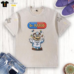 Alt Text: Colorful Dr. Mario juggling pills on a washed t-shirt, showcasing a fun and playful design for gaming fans.
