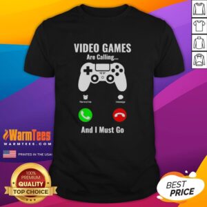 Nice Video Games Are Calling And I Must Go Console T-Shirt design featuring gaming graphics and a playful slogan.