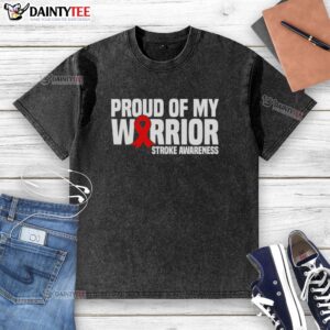 Hot Proud Of My Warrior Red Ribbon Stroke Awareness Washed T-Shirt, showcasing support for stroke awareness and recovery.
