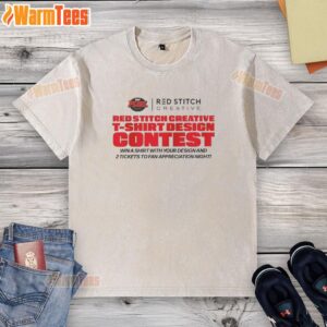 Alt Text: Creative T-shirt design featuring a pretty red stitch on a washed T-shirt for a design contest.