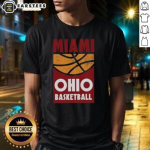 Alt Text: Vintage retro Miami Ohio basketball graphic T-shirt for college fans, featuring bold design and school colors.