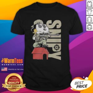 Alt Text: Original Snoopy Sniper and Woodstock sitting on doghouse graphic t-shirt featuring iconic Peanuts characters.