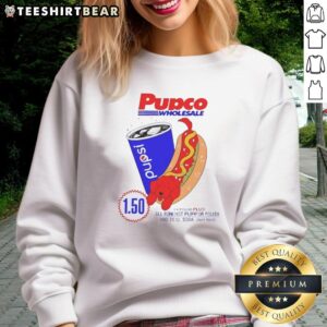 Hot dog and red dog pup wearing Pupco Wholesale sweatshirt at Costco featuring Pepsi logo, perfect for dog lovers.