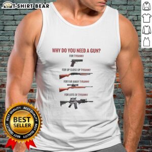 Premium tank top featuring 'Why Do You Need A Gun For Tyranny?' graphic, perfect for expressing freedom and resistance.