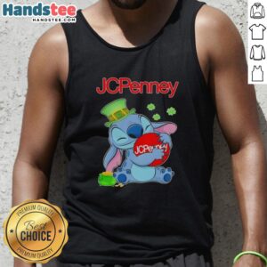 Cute Stitch hugging JCPenney logo on a St. Patrick's Day tank top, perfect for festive celebrations.
