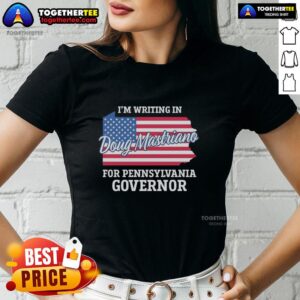 Lady wearing a 'Doug Mastriano for Pennsylvania Governor' tee with USA flag design, showcasing support for the candidate.