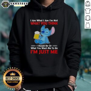 Alt Text: Awesome Stitch holding beer mug in hoodie with I Am What I Am, I'm Not What You Think I Should Be text.