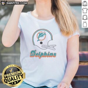 Alt Text: Awesome Miami Dolphins football logo on a big helmet design featured on a ladies' tee shirt.