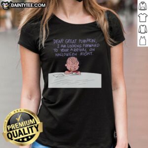 Adorable 'It's The Great Pumpkin, Charlie Brown' ladies tee featuring a cute pumpkin design, perfect for Halloween.