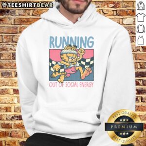 Funny Garfield running out of social energy hoodie design featuring a tired Garfield with a humorous expression.