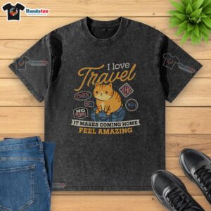Nice I Love Travel washed t-shirt design showcasing a travel theme, perfect for wanderlust enthusiasts.