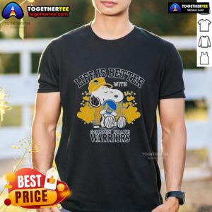 Alt Text: Pretty Snoopy wearing a Life Is Better With Golden State Warriors T-shirt, showcasing the Warriors logo.