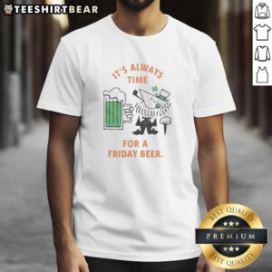 Alt Text: Cartoon leprechaun with beer on a green t-shirt, celebrating St. Patrick's Day with It's Always Time for a Friday Beer.