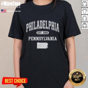 Alt Text: Good Philadelphia Pennsylvania Est 1682 Varsity Ladies Tee in stylish design, perfect for casual wear and team spirit.