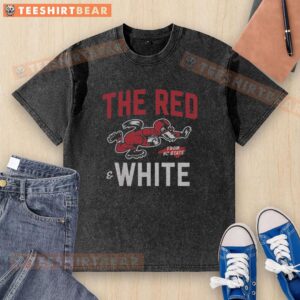 Top view of a red and white NC State football washed t-shirt, showcasing team spirit and style for fans.