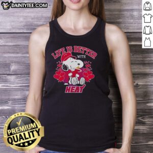 Snoopy wearing a Miami Heat logo tank top with 'Life Is Better With Heat' slogan, perfect for basketball fans.
