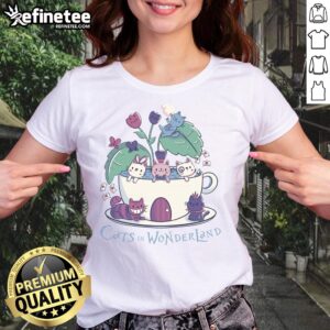 Alt Text: Cute Alice in Wonderland cats tea graphic on a ladies tee, perfect for cat lovers and fans of whimsical fashion.