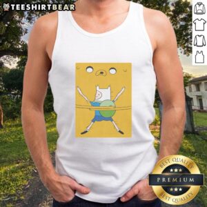 Alt Text: Hot Finn hugging Jake in a bro hug, featured on an Adventure Time movie tank top design. Perfect for fans!