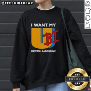 Nice sweatshirt featuring 'I Want My UBI' slogan promoting Universal Basic Income awareness and advocacy.