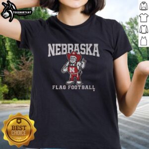 Premium Nebraska Cornhuskers flag football ladies tee in red, featuring the iconic team logo and stylish design.