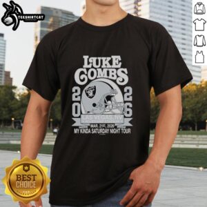Premium Luke Combs Las Vegas 2026 Tour merch featuring Raiders helmet T-shirt at Allegiant Stadium.
