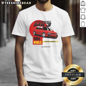 Alt Text: Official Performance Mk3 90S Rulz T-Shirt featuring retro design and vibrant colors for car enthusiasts.