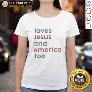 Alt Text: Awesome Loves Jesus and America Too retro ladies tee featuring a vintage design, perfect for faith and patriotism.