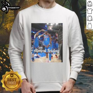 Shai Gilgeous-Alexander in an Oklahoma City Thunder sweatshirt, celebrating after a game, showcasing team pride.