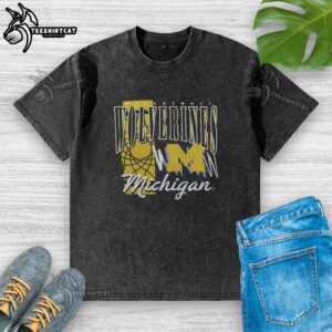 Premium Michigan Wolverines Basketball graphic washed t-shirt featuring team colors and logo for ultimate fan style.