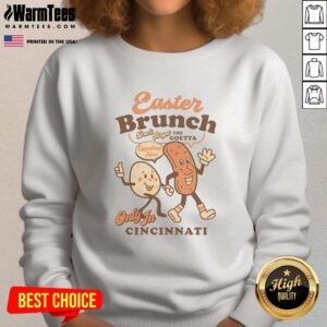 Good Easter Brunch Goetta Egg cartoon sweatshirt featuring a playful design perfect for celebrating Easter festivities.