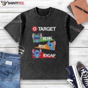 Cute Stitch X Target Idk I Don't Know Idc I Don't Care Idgaf washed t-shirt featuring a playful design and vibrant colors.