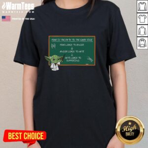 Womens tee featuring 'Fear Is The Path To The Dark Side' quote, perfect for fans of Star Wars and motivational apparel.