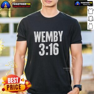 Alt Text: Victor Wembanyama wearing a stylish Wemby 3 16 T-Shirt, showcasing his unique basketball style and personality.