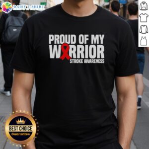 Alt Text: Top Proud Of My Warrior Red Ribbon Stroke Awareness T-Shirt featuring a vibrant red ribbon design for stroke awareness.