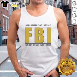 Femboy wearing a tank top with 'Top Department of Justice FBI' text, showcasing a playful and stylish look.