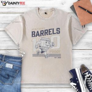 Hot 100 Proof Retro Mascot Kentucky Barrels Washed T-Shirt featuring a vintage design and soft fabric for casual style.
