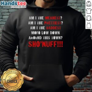 Alt Text: Premium Shonuff hoodie featuring the phrase Am I The Meanest, Prettiest, Baddest Mofo in bold design.