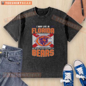 Alt Text: Vintage washed t-shirt featuring Chicago Bears football flag, perfect for fans living in Florida on game day.