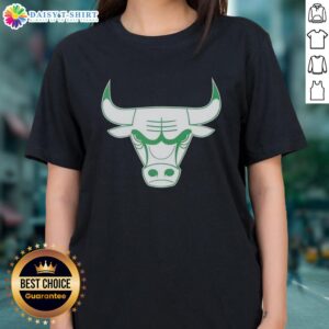 Alt Text: Premium Chicago Bulls white logo on a St. Patrick's Day ladies tee, perfect for fans celebrating the holiday.