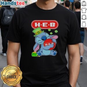 Cute Stitch hugging H-E-B logo on a St. Patrick's Day T-shirt, perfect for festive celebrations and fans.