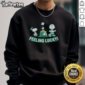 Alt Text: Official Peanuts Snoopy Feeling Lucky Sweatshirt featuring Snoopy design, perfect for fans of the Peanuts comic series.