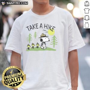 Alt Text: Cute Peanuts Snoopy Take A Hike T-Shirt featuring Snoopy hiking in a vibrant design, perfect for fans of the classic comic.